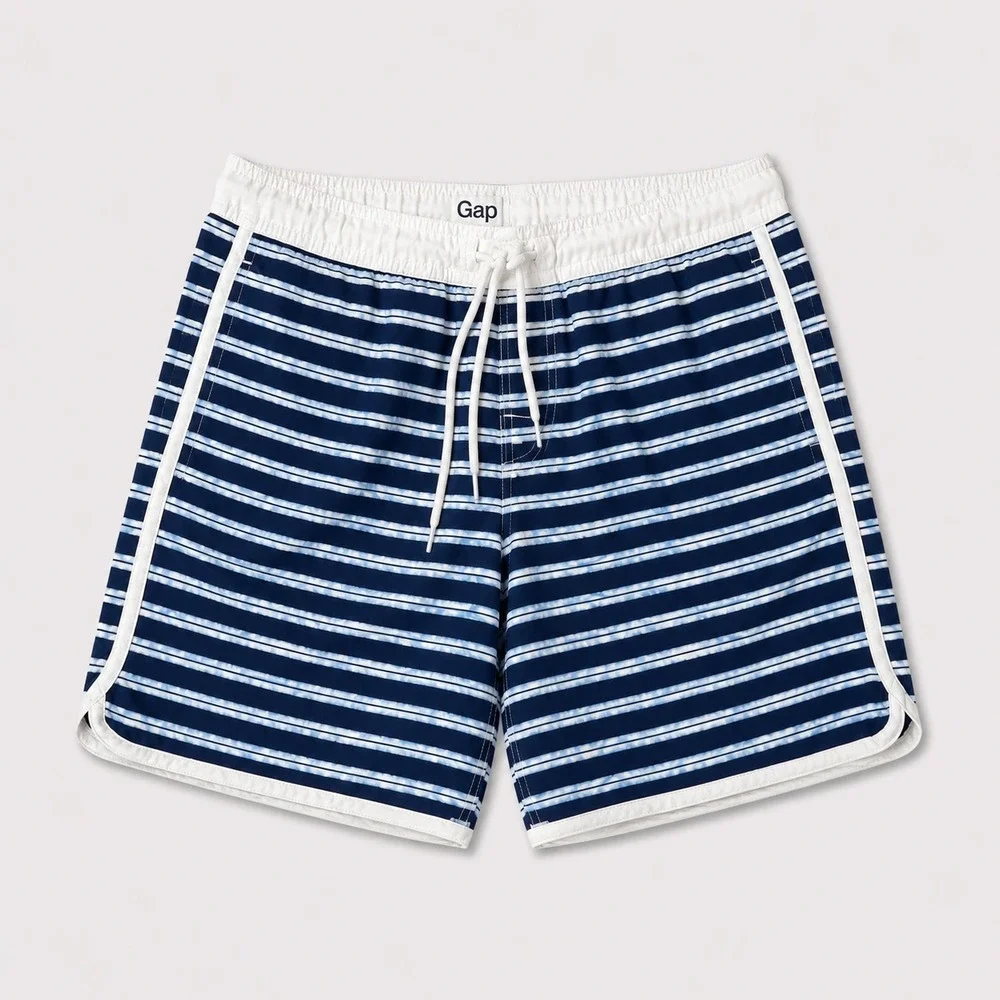 Gap Mens XL Blue White Striped Swim Trunks Board Shorts Drawstring Lined